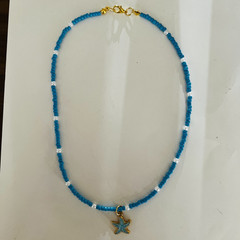 Handmade blue seed bead starfish necklace choker faux pearl beach coastal 17″