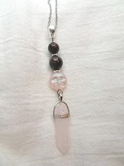 ROSE QUARTZ DT Crystal Point & Crimson PYROPE GARNET Beads Glass Moon Pendant