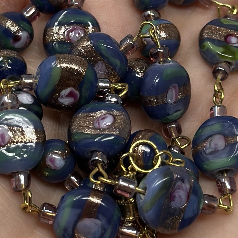 Vintage Murano Italian Wedding Cake Glass Bead Necklace Pink Floral Blue Gold
