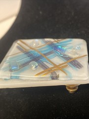 Fused Art Glass Brooch Pin – Metallic Blue – White, Black, Gold
