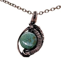 Green Jasper Wire-Wrapped Bronze Pendant with Swarovski Crystal – Mini-Woven Cir