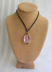 Pink Quartz Choker Necklace Polished Stone Silver 925 Faceted Cord Pendant 15″L