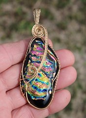 Large Dichroic Glass Pendant 14K Gold Filled Wire-Wrapped Iridescent Multi Color