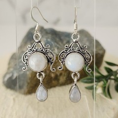 925 Overlay 12.2mm Rainbow Moonstone 2″ Drop Earrings