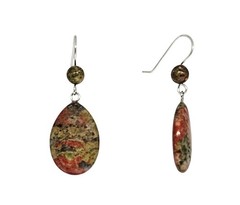 Handmade Unikite Teardrop Gemstone Beaded Silver-Tone Boho Earrings