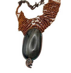Handmade Copper Wire Wrapped Silver Sheen Obsidian Necklace Boho Statement