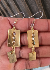 Handmade Rectangle Dangle Earrings Bronze Pearl Bead Geometric Artisan Jewelry
