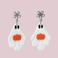 Ghosts with Pumpkin & Flower Top Handmade Polymer Clay Dangle Halloween Earrings