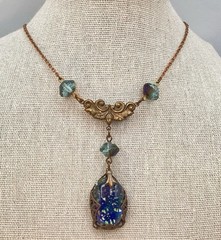 Brass Acorn Blue Foiled Art Glass Drop Necklace Vtg Findings Signed W/Box OOAK