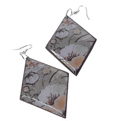 Earrings: 3.5in Handmade Multicolor Floral Decoupage Wooden Diamond Shape Dangle