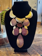 Handcrafted Multicolor Metal Bib Necklace with Gold Red Teardrop Pendants
