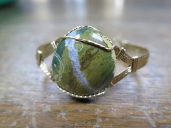 Handcrafted Blue Green Stone And Gold Plated Wire Bangle Bracelet