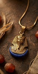 Handmade Brass King Tut Necklace Egyptian Pharaoh Blue Accent Pendant 60cm Chain