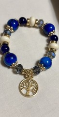 Beaded Bracelet Blue White Agate Gold Metal Tree of Life Charm 7″ Gift