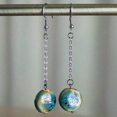 Handmade Blue Glazed Ceramic Bead Long Chain Dangle Earrings Boho Silver Tone