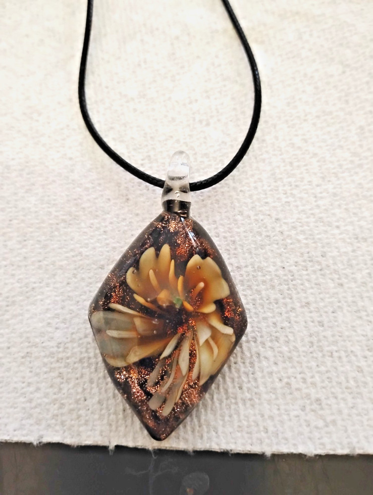 Hand Blown Murano Style Glass,Lilac Mix Pendant Necklace oblong,2 1/4″ A1