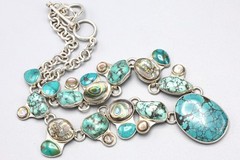Statement Jewelry 925 Silver Bib Necklace With Turquoise And Abalone Paua Shell