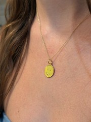 14k SOLID Gold Happy Smile Face Pendant Personalized Necklace, Engrave Text Word