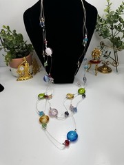 Murano Glass Multicolor Floating Bead Necklace on Clear Nylon Filament 34″