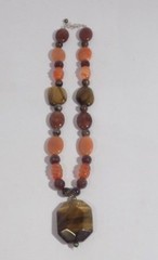 Stone Glass Beaded Necklace Brown Orange Silver Clasp