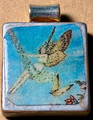 5 Handmade Wooden Tile Art Pendants Fairy Bird Nouveau Circus Unique Retro Boho