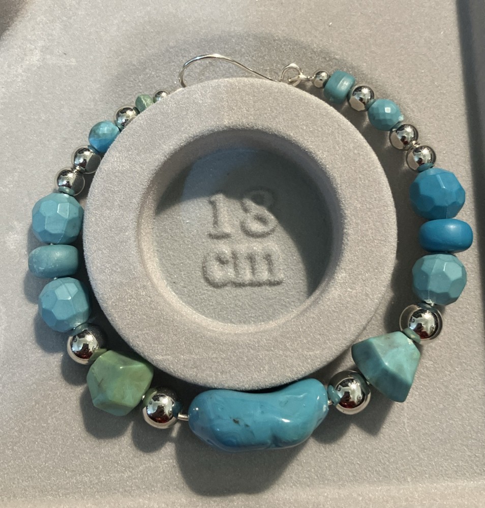 Faux Turquoise wire wrap Bangle Bracelet With Silver tone Beads. 18cm=7in