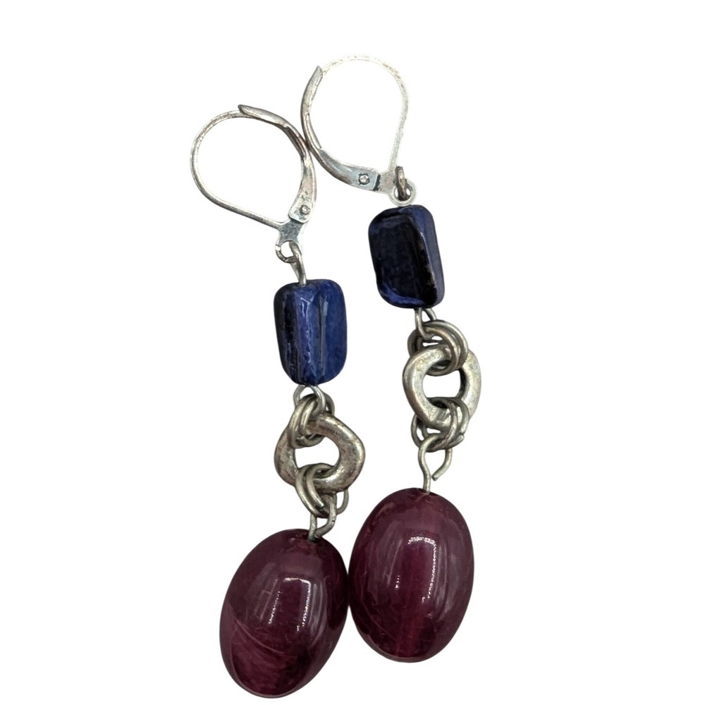 Handmade Stone Drop Earrings Purple Navy Blue Silver Tone Leverback Dangle 2.25″