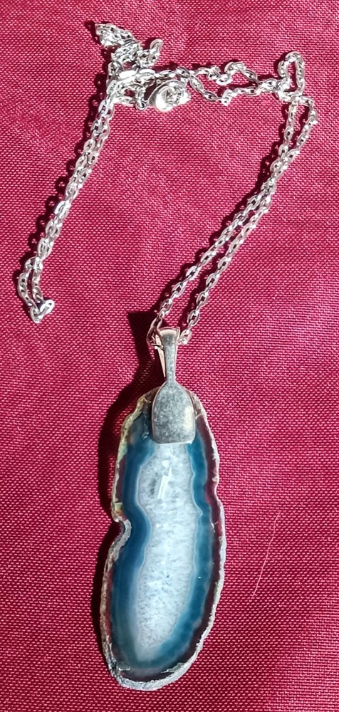 Blue Agate Geode Slice Pendant Necklace-22in-Silver Colored Chain-New