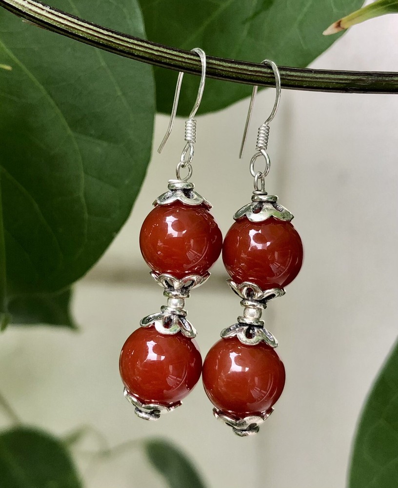 925 Sterling Silver + 10 mm Rnd Beads Original Red Orange Onyx 2