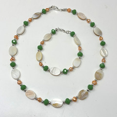 Handmade Beaded Necklace Bracelet Set White Shell Peach Pearls and Green Glass