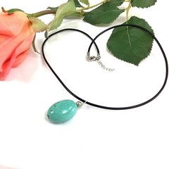 Turquoise Oval Pendant 17″ Necklace Handmade Gemstone Jewelry Black Leather