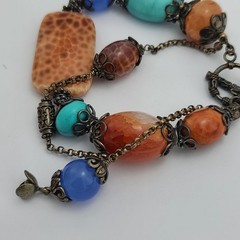 Handmade Leopard Skin Agate Turquoise Boho Bracelet with Sterling Silver Beads.