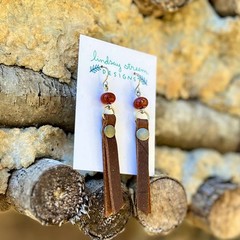Leather Tassel Earrings – Rustic Brown with Red Jasper