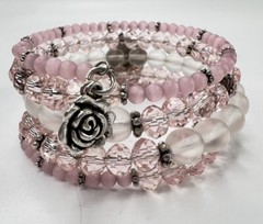 Handmade Bracelet Beaded Pink Clear Ombre Stacked Stretch Wrap Silver Flower