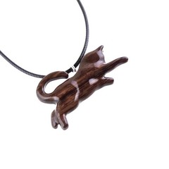Hand-Carved Wooden Cat Pendant Necklace, Playful Kitten Pet Animal Wood Jewelry