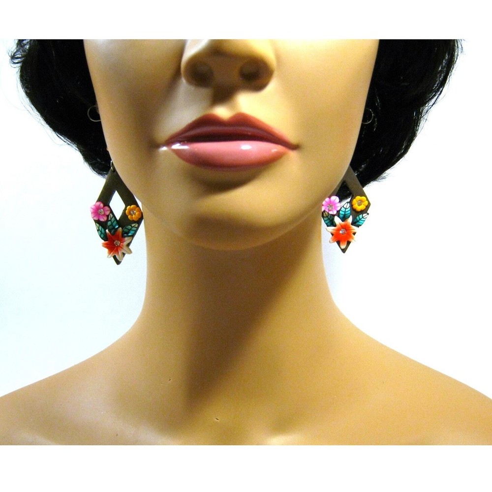 Island style Colorful Floral Dangle Drop Rhinestone accent Earrings 2.5 inch