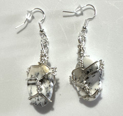 Dendritic Agate Handmade Earrings Bling Silver Tone Genuine Stone White Gray