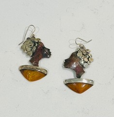 Artisan Sculptural Face Earrings Mixed Metal Silver & Copper with Amber Drop