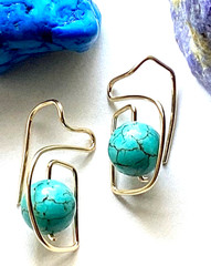 14k Gold F Turquoise Earrings. Asymmetrical Design. Studio Art Handcrafted/Fine