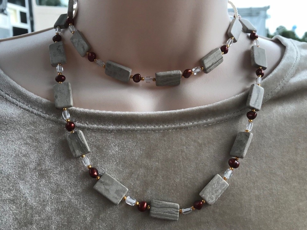 Handmade Necklace of Gray and Cream Marble, Copper Pearls, and Clear Glass Beads