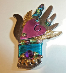 3 Unique Liztech handmade signed dated beaded artisan pins hand heart w/paper