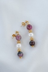 14K Gold Plated Tourmaline Elbaite, White Freshwater Pearl Drop Dangle Earrings