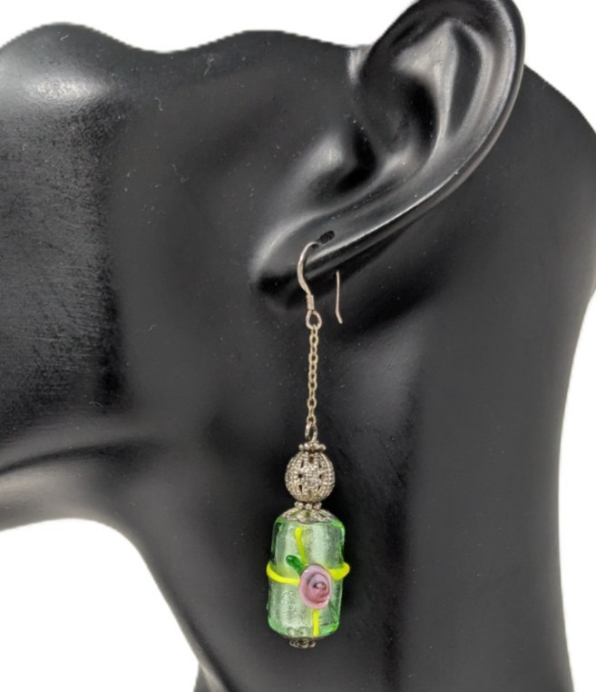 Lampwork Art Glass Dangle Earrings Sterling Silver Hook Green Pink Rose w Foil
