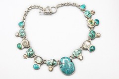 Statement Jewelry 925 Silver Bib Necklace With Turquoise And Abalone Paua Shell