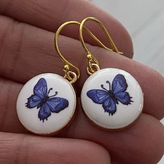 Min Favorit Blue White Ceramic Butterfly Charm & Gold Pl Artisan Drop Earrings