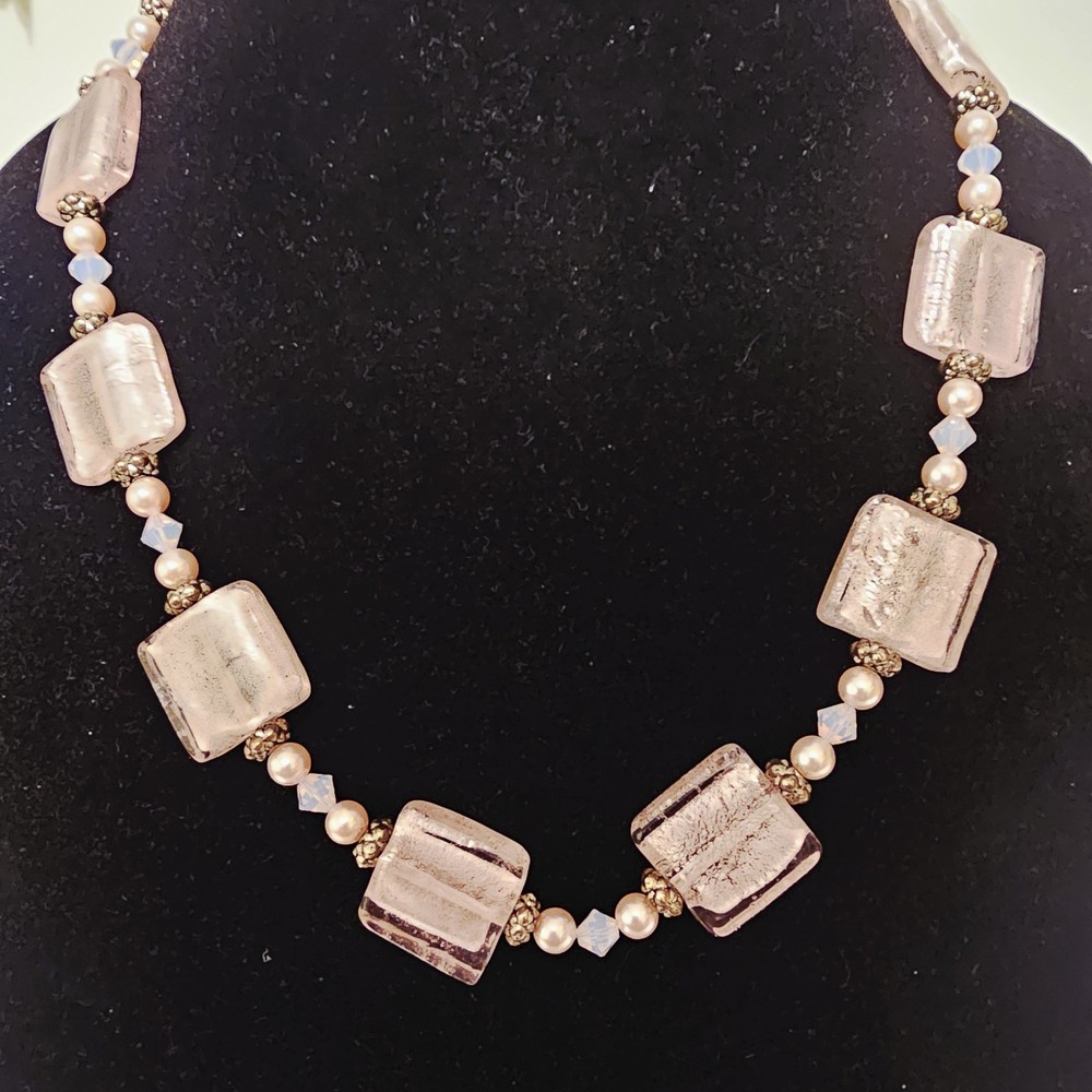Handmade Soft Pink Glass Square Bead Necklace Faux Pearls & Crystal 20″ 3oz Glam