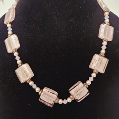 Handmade Soft Pink Glass Square Bead Necklace Faux Pearls & Crystal 20″ 3oz Glam