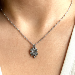 Etched Four Leaf Clover Charm Necklace on Surgical Stainless Steel Chain