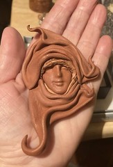 Handmade Brown Leather Sculpture Woman Female Head Face Pin Brooch Artistic Boho
