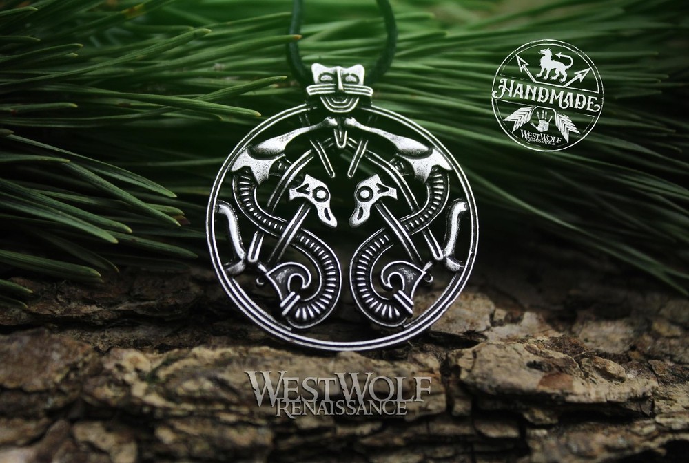 Viking Twin Dragons Pendant – Borre Art Style — Norse/Celtic/Steel/Necklace